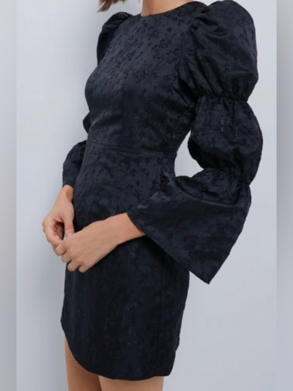 Hyacinth House Darcy Mini Dress - Black Jacquard Puff Sleeve - Worn Once